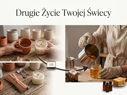 Grafika przedstawiająca usługę refill świecy Atelier Ardore – oddanie pustego naczynia, wybór nowego wkładu i zapachu, wysyłka zestawu oraz ręczne ponowne napełnienie świecy naturalnym woskiem.