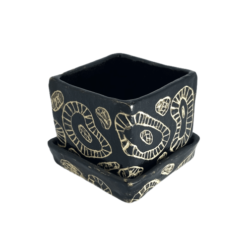 Dwuczęściowy pojemnik - doniczka.  Abstrakcyjny motyw sgraffito.