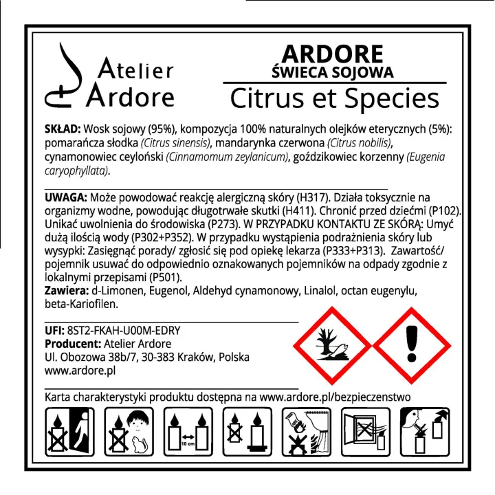 Świeca sojowa ARDORE Citrus et Species naklejka CLP.jpg