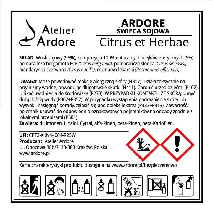 Świeca sojowa ARDORE Citrus et Herbae naklejka CLP.jpg